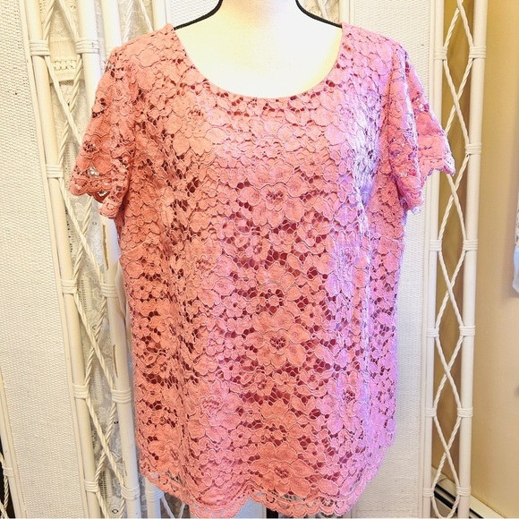 Talbots Top Dusty Rose Lace Blouse Short Sleeve Lined Scallop Hem Plus size 18W - Picture 8 of 15